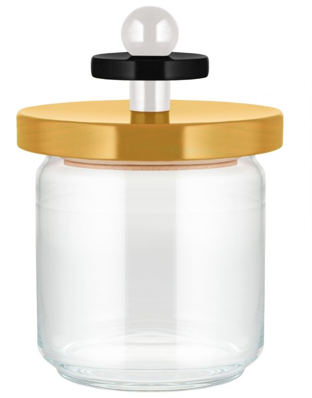 Alessi Küchendose ES16/75 mit gelbem Deckel, schwarzem Griff und weißer Kugel. Vorratsdose aus Glas.